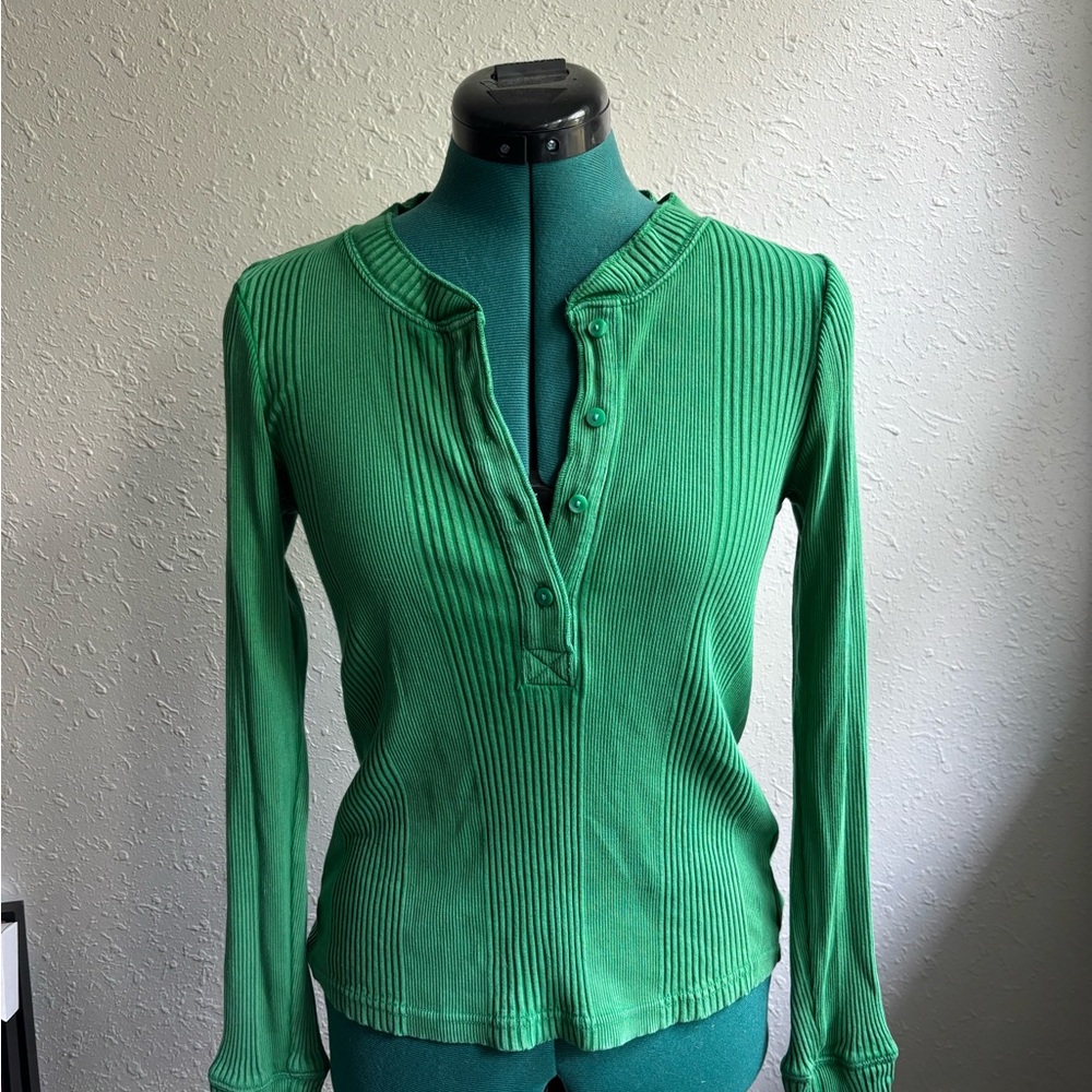 Aerie Green Ribbed Long Sleeve Polo Shirt